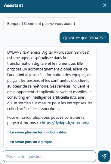 Assistant IA RAG Nexus de DYDAPS repondant a une question sur l entreprise